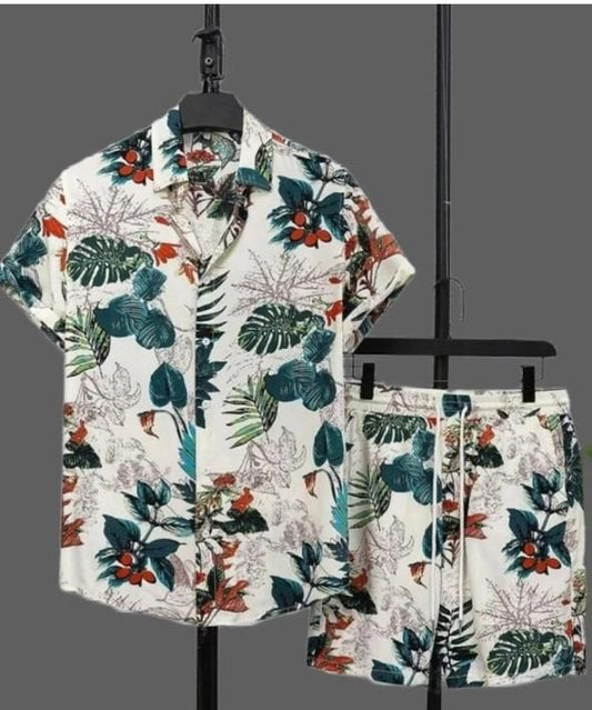 Casual Vacation-Style Printed Short & Shirt Co-ord Set For Men's(2pcs Set)