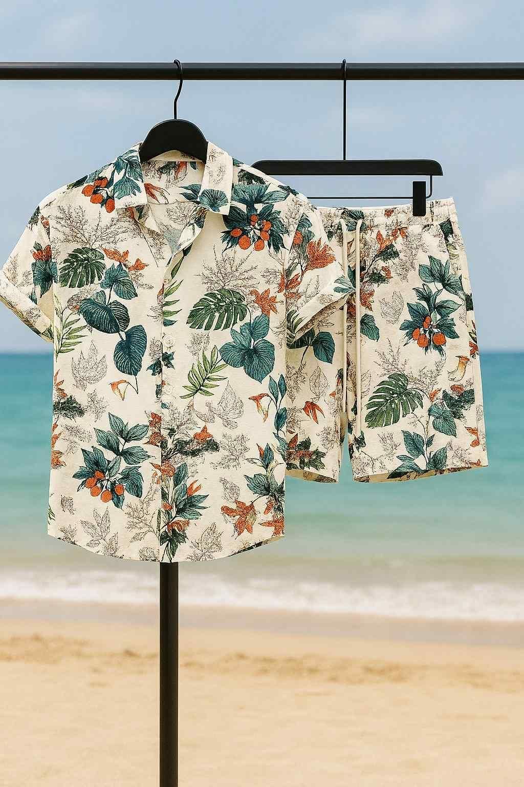 Casual Vacation-Style Printed Short & Shirt Co-ord Set For Men's(2pcs Set)