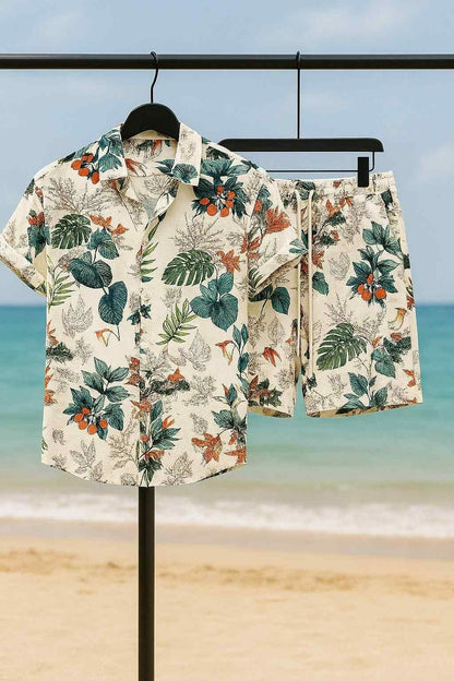 Casual Vacation-Style Printed Short & Shirt Co-ord Set For Men's(2pcs Set)
